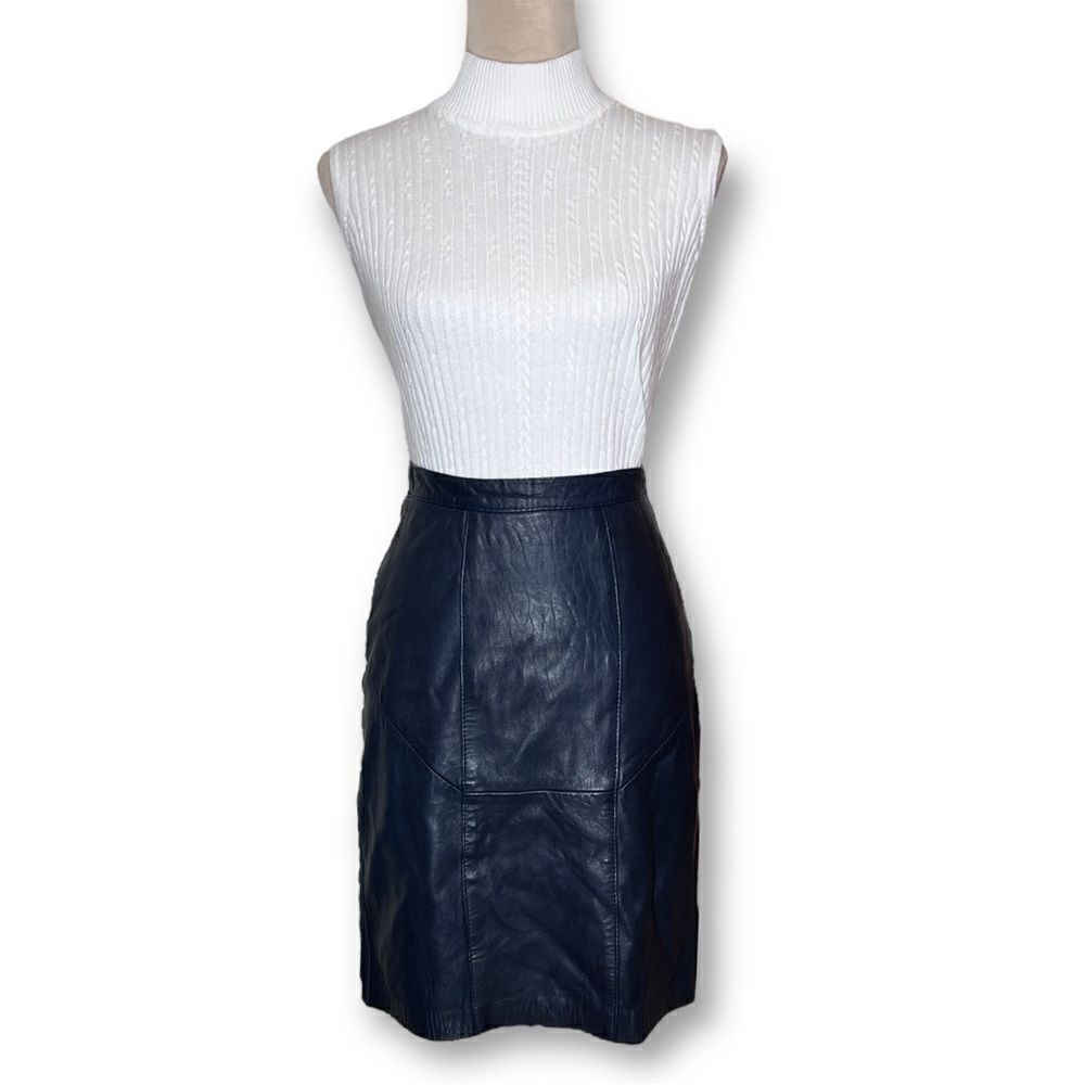 Vintage Grey Blue Genuine Leather Pencil Skirt, Size 6